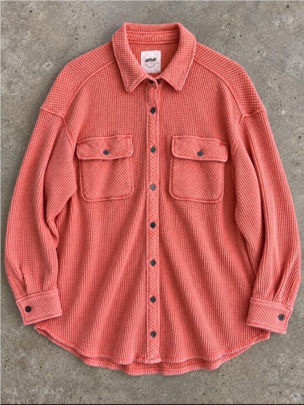 Aerie LumberJane Waffle Shirt Woman Small Coral Oversized Boxy Layering Comfy